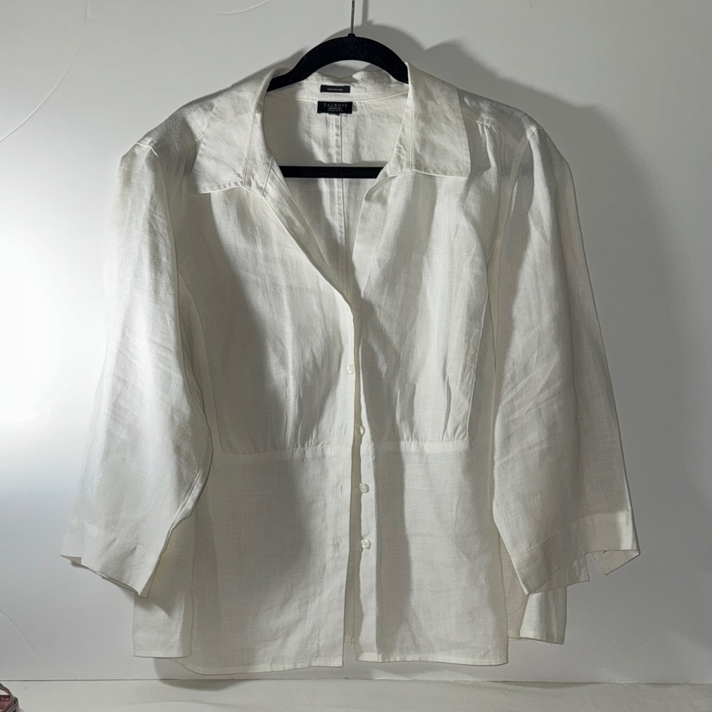 Talbots White Linen Button Down Blouse Sz 16 NEW